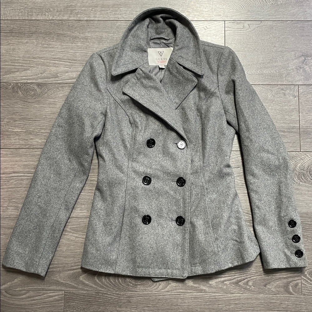Guess Jeans blazer style coat Med gray color with black buttons size small